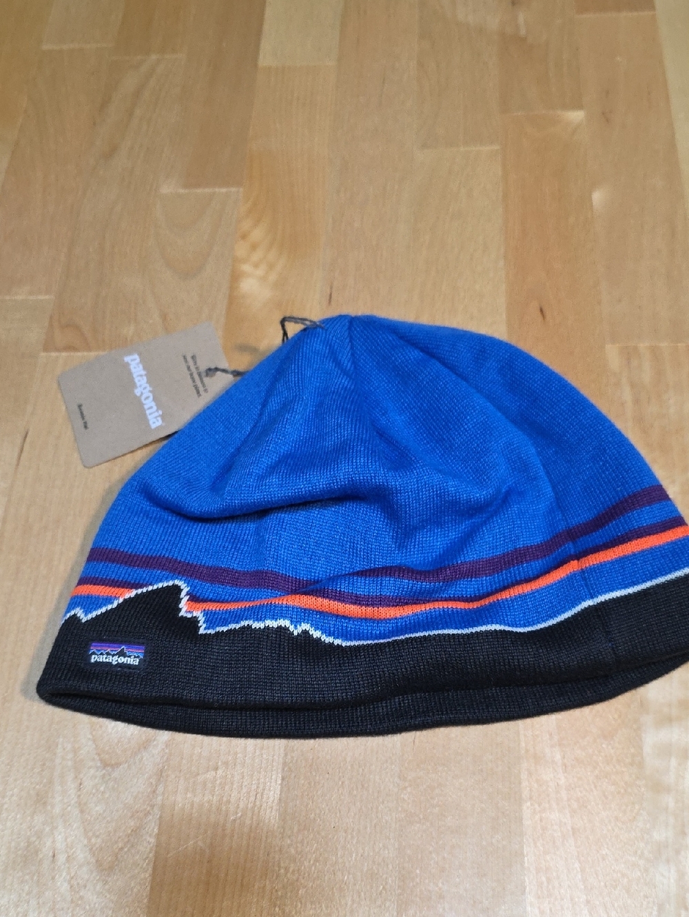 Patagonia Royal Blue Beanie with Black Cuff and Multicolor Stripes